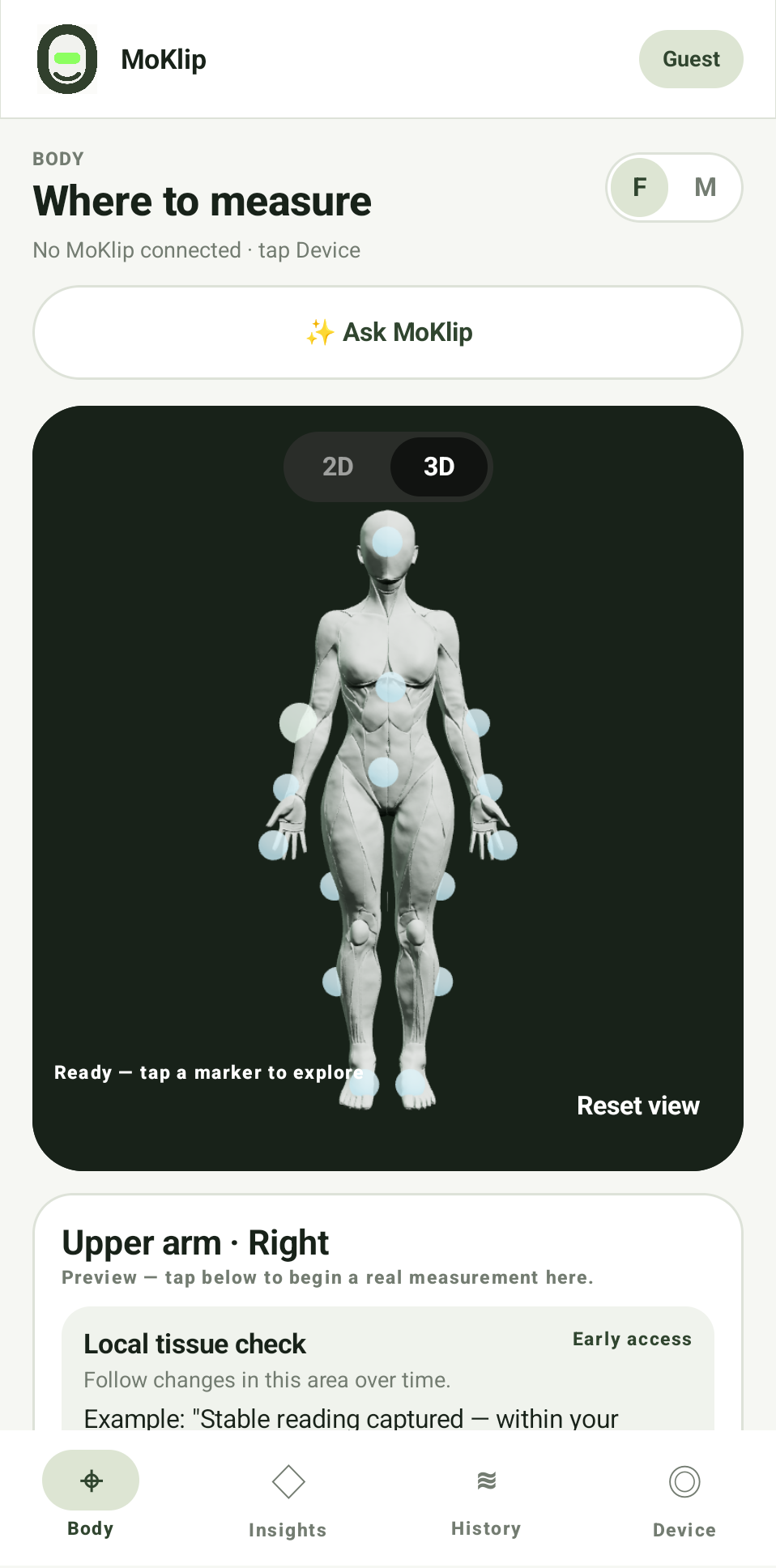 MoKlip body map for choosing a measurement location